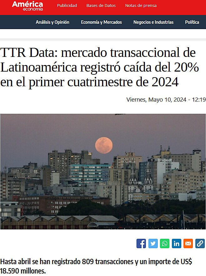 TTR Data: mercado transaccional de Latinoamrica registr cada del 20% en el primer cuatrimestre de 2024